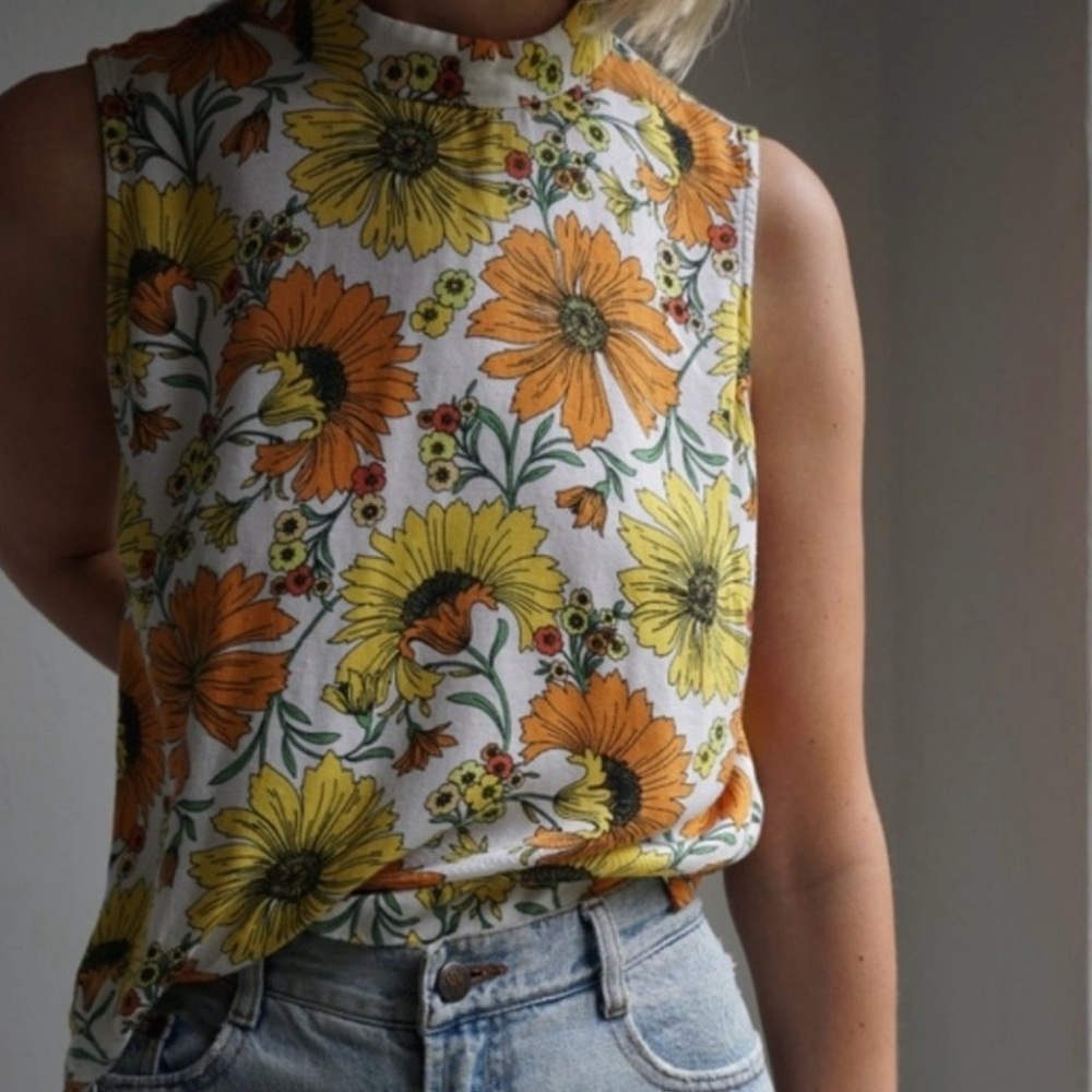 Topshop Retro Floral Sleeveless Blouse – Yellow & Orange Size 4 - Picture 1 of 6